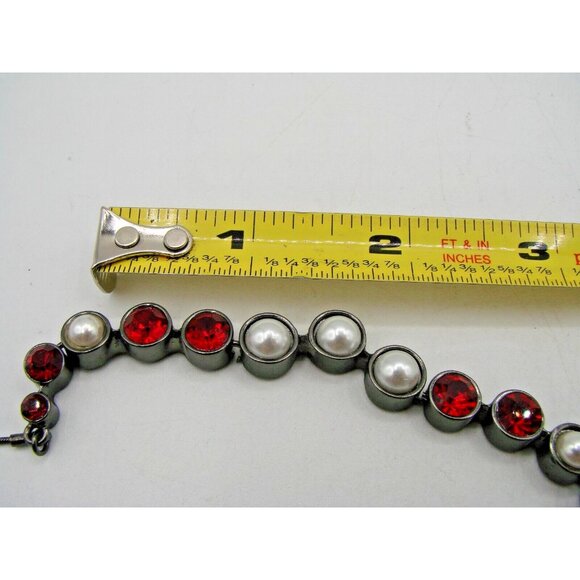 Blackened Silver Necklace and Bracelet Set Faux Pearls Red Rhinestones Jewelry - Picture 9 of 10